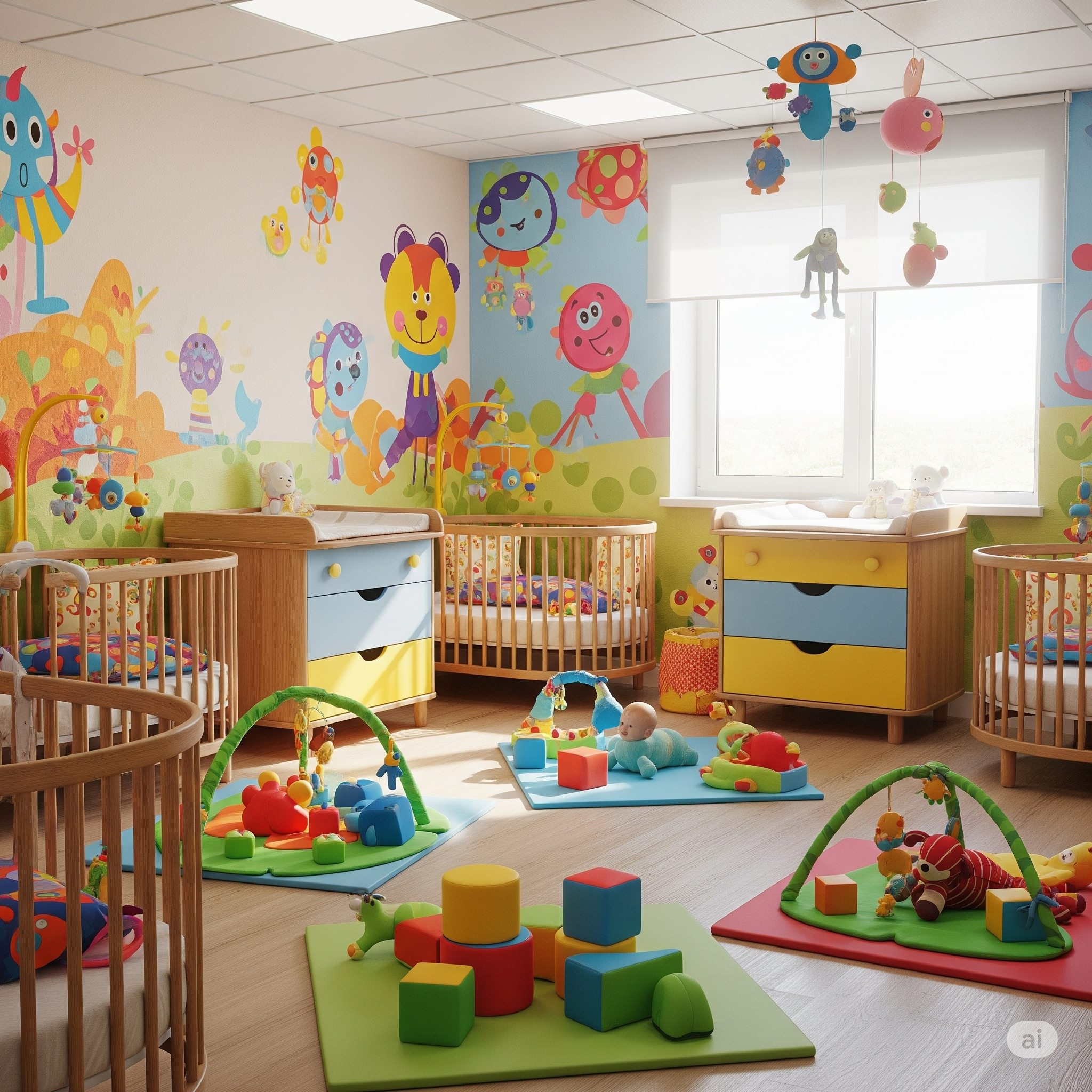 Berçário com berços e decoração suave