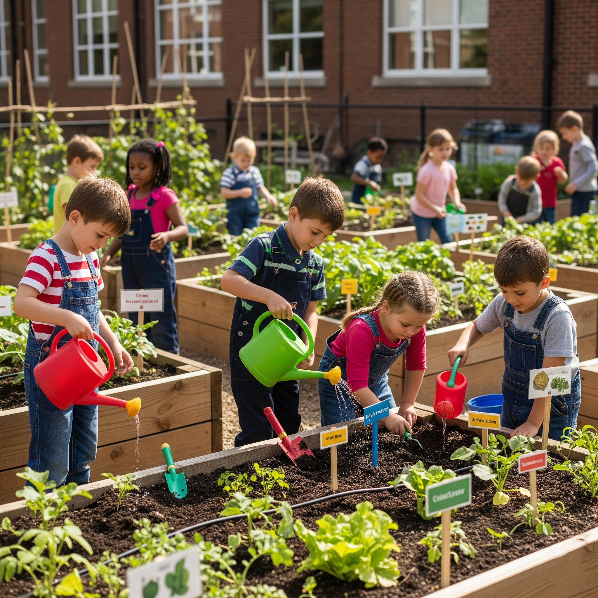 Crianças cuidando de uma pequena horta na escola