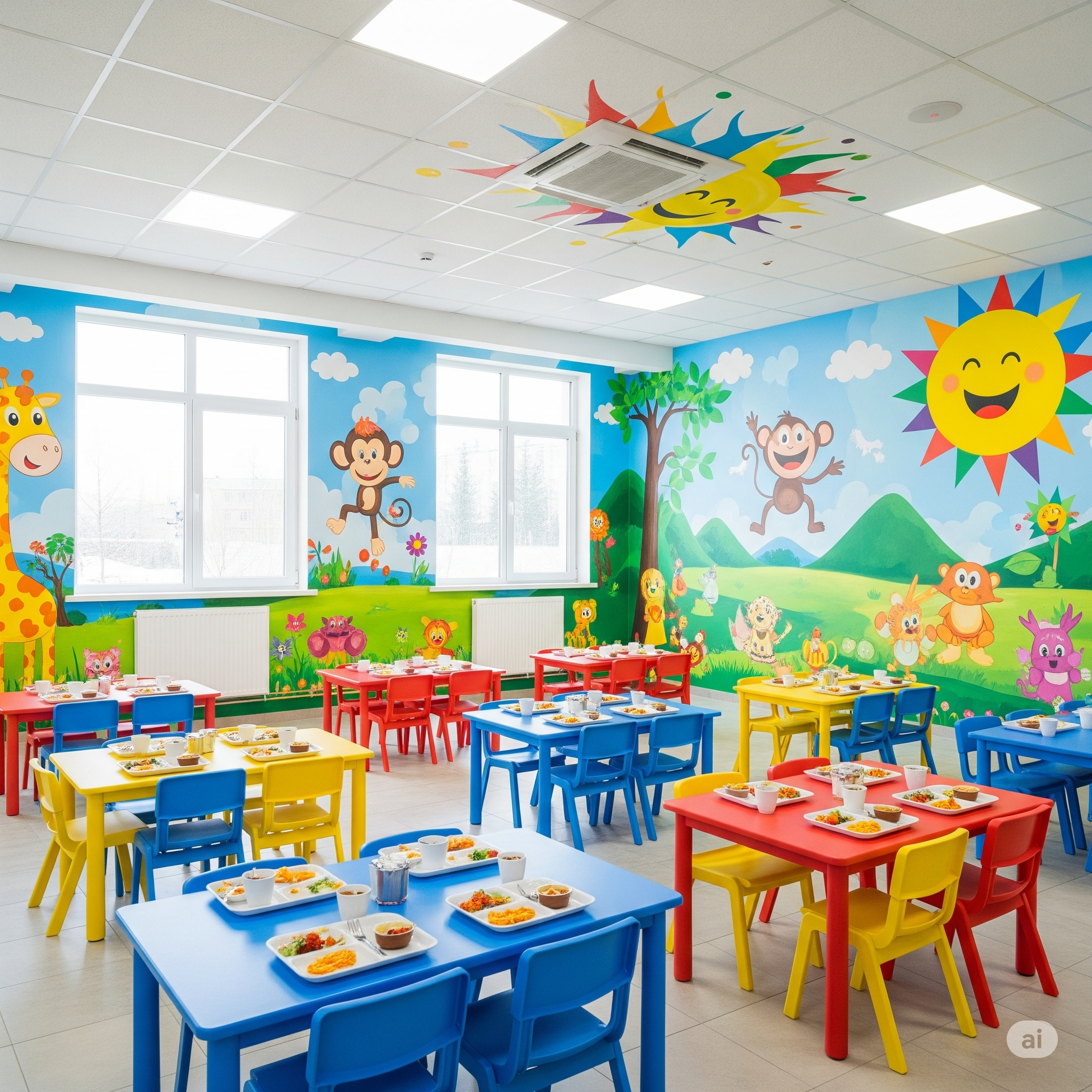 Refeitório com mesas pequenas e cadeiras coloridas